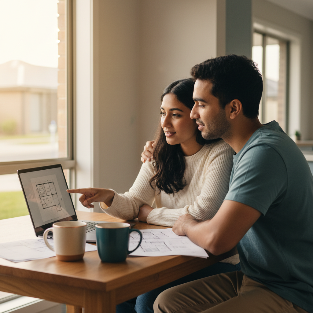 A young couple at a kitchen table reviewing home-loan details on a laptop, calm and hopeful.