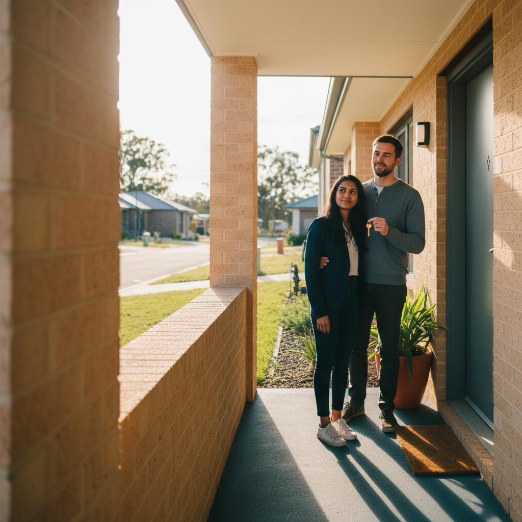 A young couple at the front door of their new south-west Sydney home in warm afternoon light, holding a house key.