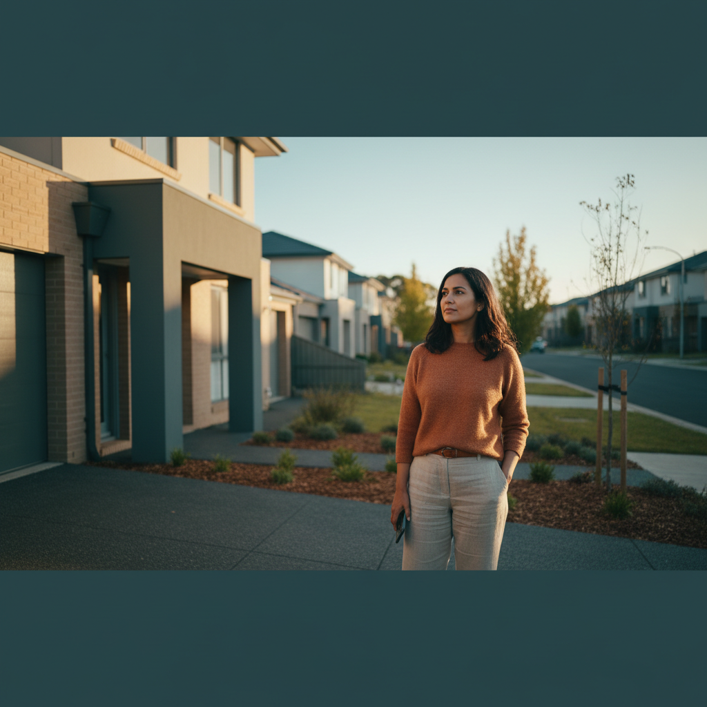 A person on the front path of a neat suburban south-west Sydney property, phone in hand, looking down a quiet street.