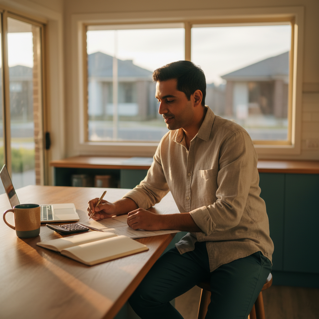 A person reviewing home-loan paperwork at a tidy home desk with a calculator and notebook, calm and in control.